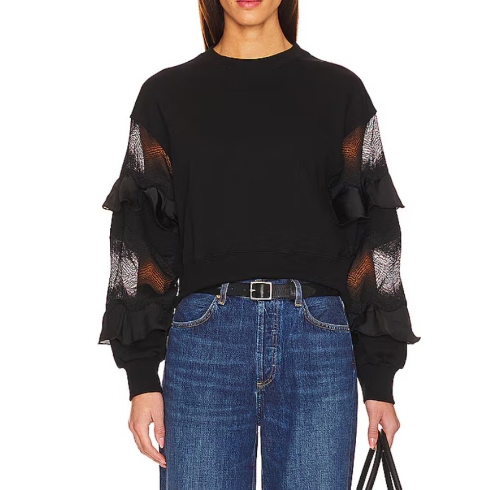 NWOT AllSaints Black Organic Cotton Gracie Sweatshirt Lace Ruffle Sleeve‎ Large